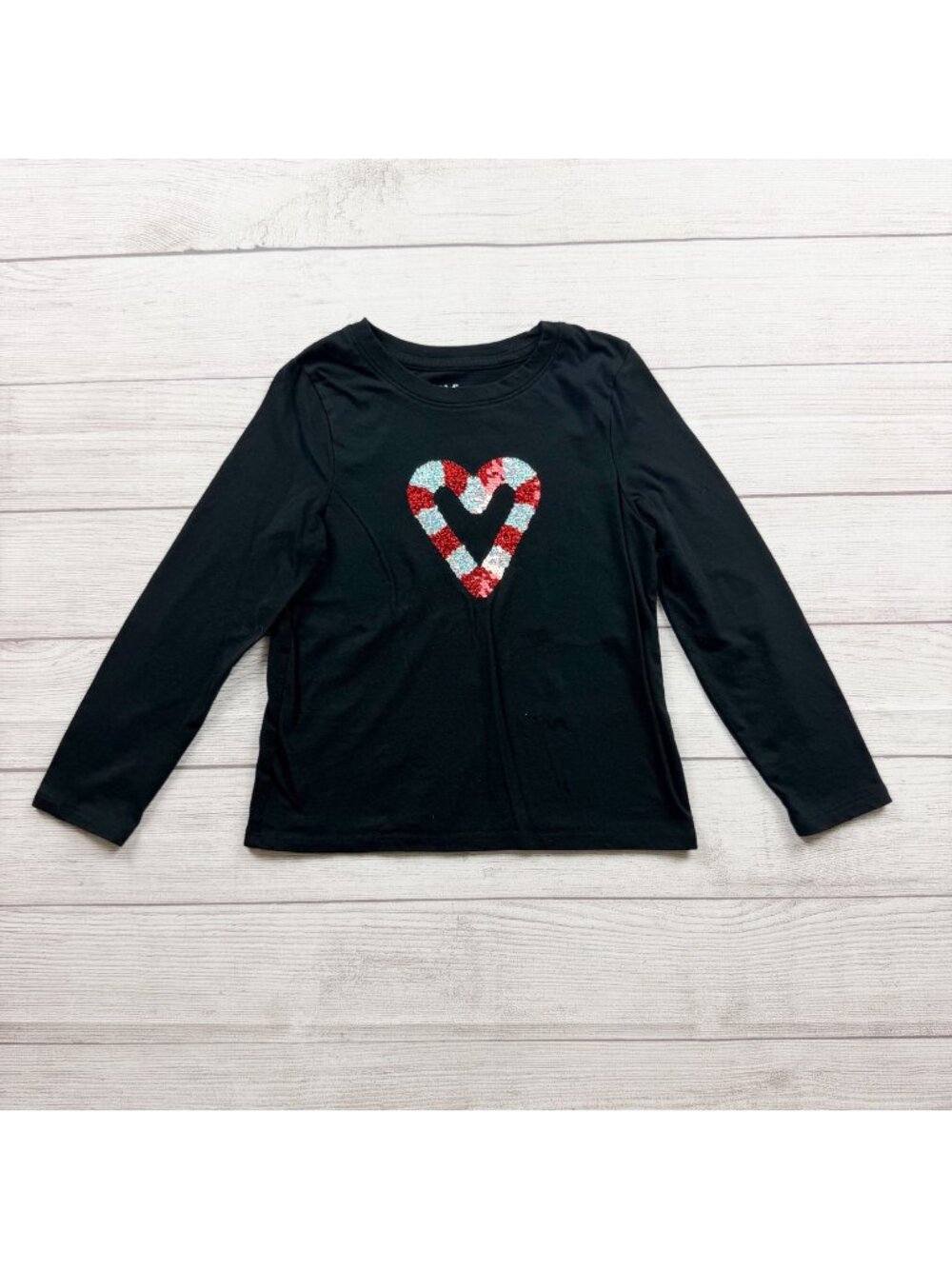 Cat & Jack Girls Black Long Sleeve Flip Sequin Candy Cane Heart Shirt M 8